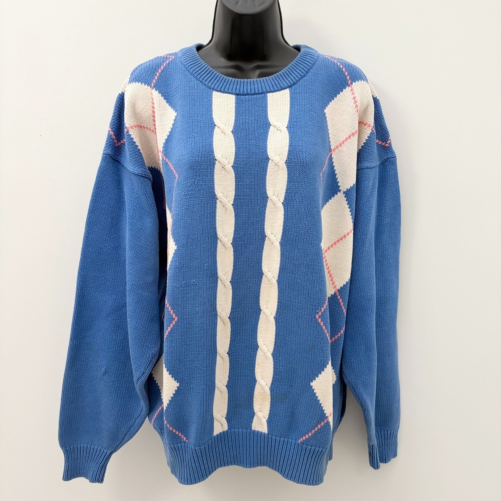 Christian Dior Monsieur Sweater Argyle Cable Knit XL Blue